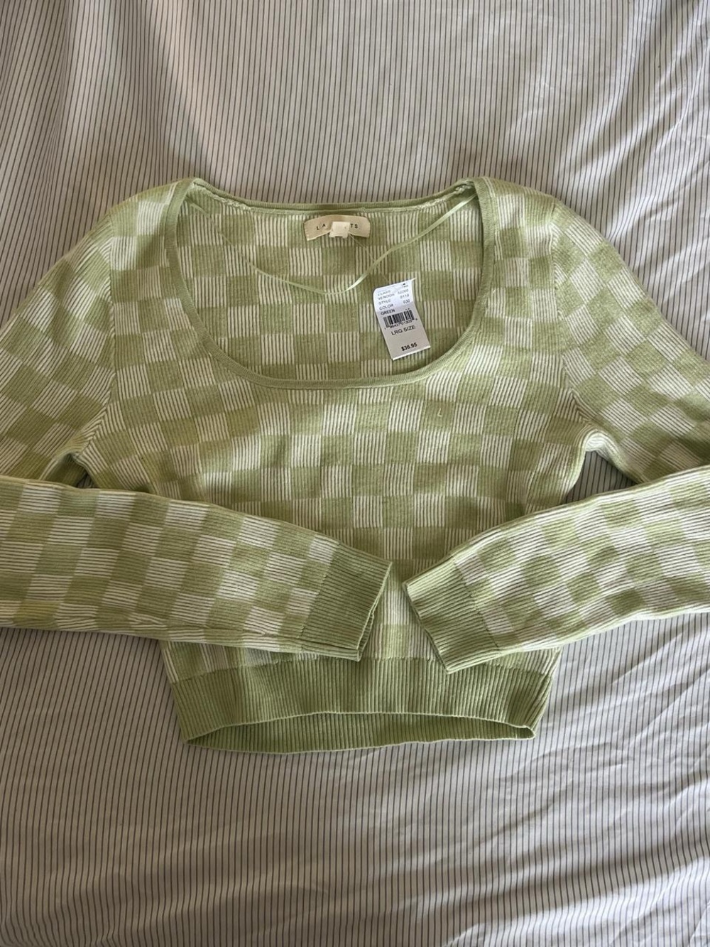 La Hearts Light Green Checker Scoop Neck Sweater